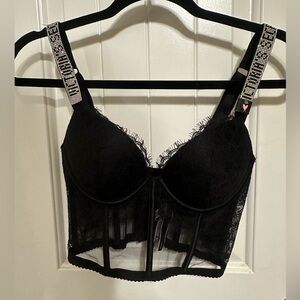 NWOT! Victoria’s Secret Black Lace Rhinestone Strap Push Up Bustier Corset